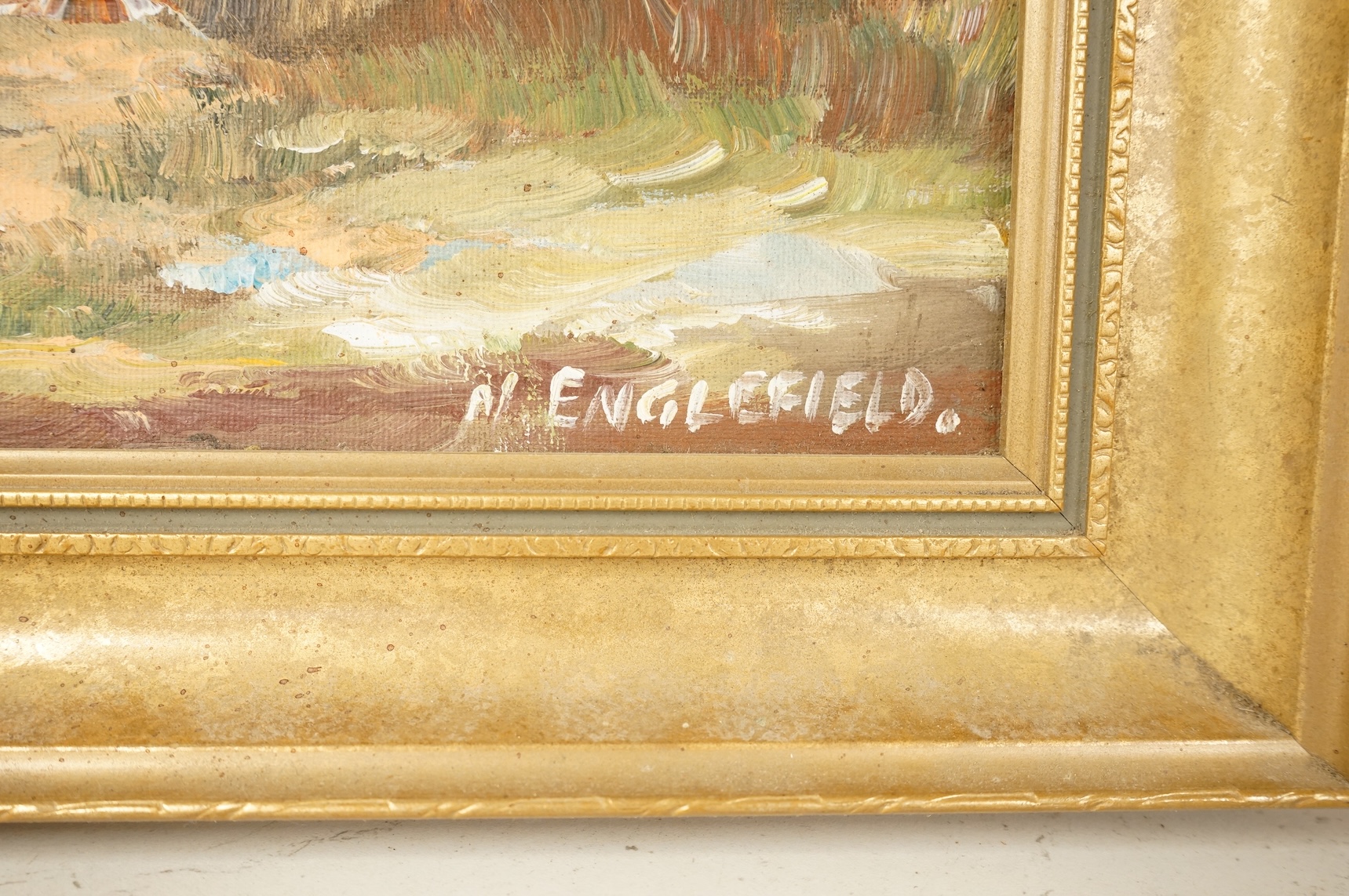 Nicholas Englefield (20th. C), Landscape with outbuildings, signed, oil on canvas board, 49 x 74cm